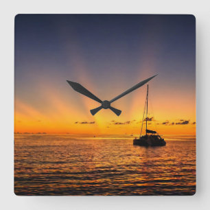 Caribische Zonsondergang Zeilboot Wandklok Vierkante Klok