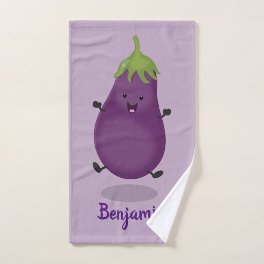 Caricature d'aubergine d'aubergine joliment heureu (Serviette à main)