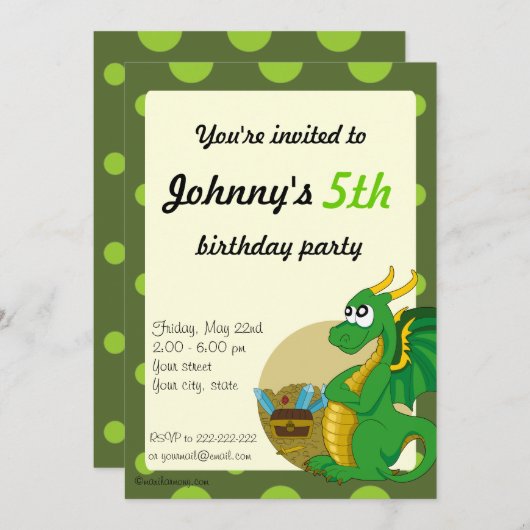 Caricature de dragon vert invitations à imprimer (Devant / Derrière)