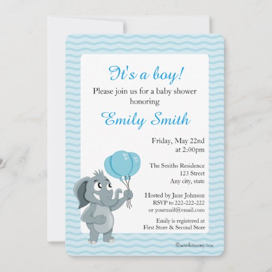 Caricature d'éléphant invitations baby showers (Devant)