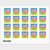 Caricature d'éléphant rose autocollant carré (Feuille)