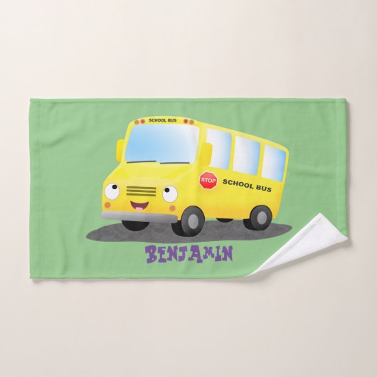Caricature du bus scolaire jaune joyeux (Serviette à main)