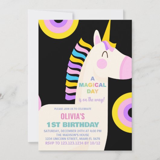 Caricature Rainbow Unicorn Invitations d'anniversa (Devant)
