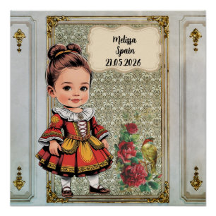 Caricatuur Meisje verkleed in Vintage Spaans Perfect Poster