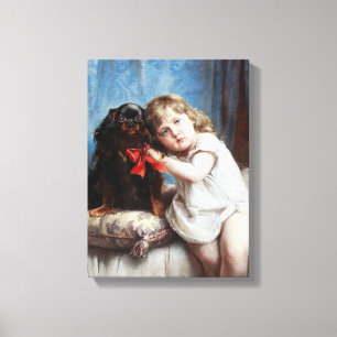Carl Reichert Een meisje met een Cavalier King Cha Canvas Afdruk