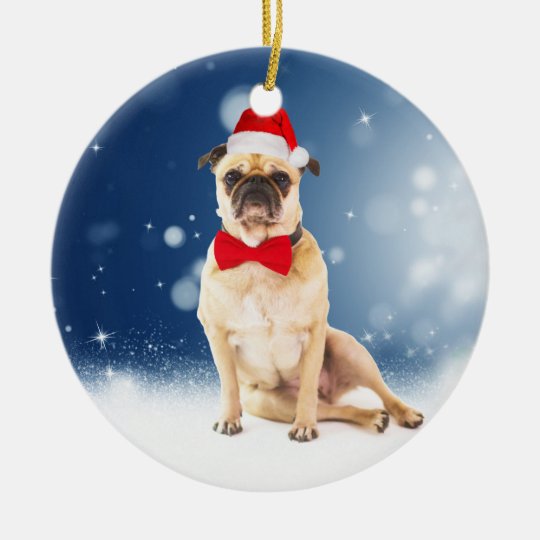 Carlin avec le casquette de Père Noël de Noël Ornement Rond En Céramique