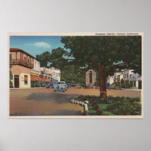 Carmel, CA - Street Scene met bomen en winkels Poster