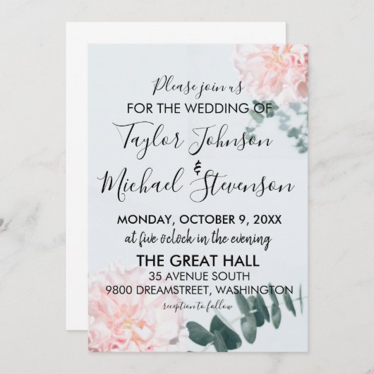 Carnation rose et vignes Faire-part de mariage (Devant / Derrière)