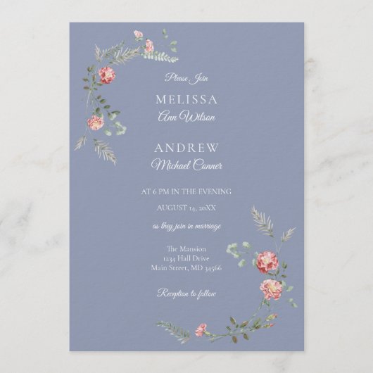 Carnations and Blue Wedding Invitation Suite Kaart (Voorkant)