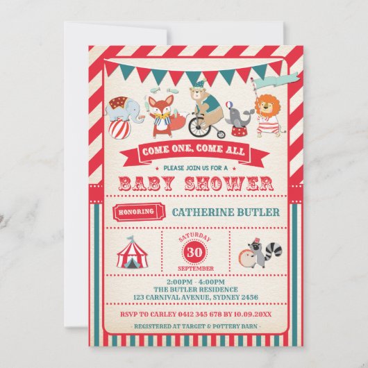 carnaval Circus Animals Baby shower Uitnodigen Kaart (Voorkant)