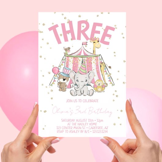 Carnaval Circus Roze 3e Verjaardag Kaart