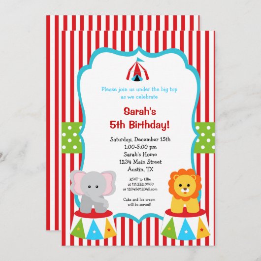 Carnaval de cirque Invitations d'anniversaire les  (Devant / Derrière)