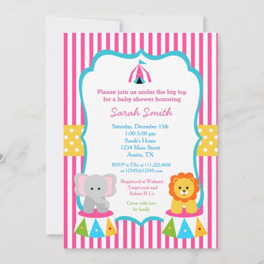 Carnaval de cirque rose Baby Shower Invitations Fi (Devant)