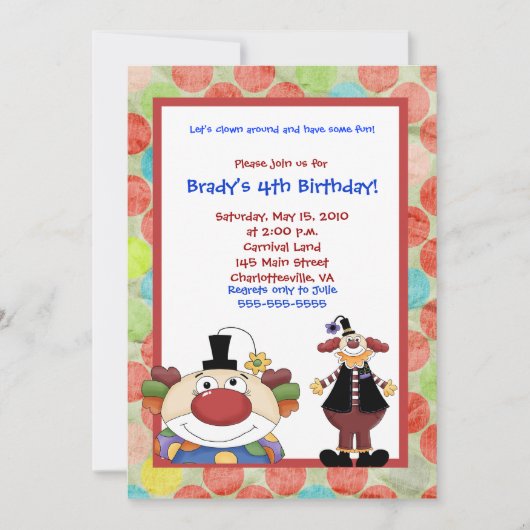 Carnaval de Clown Town Invitation Anniversaire 5x7 (Devant)
