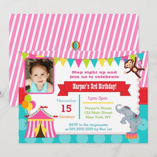 Carnaval de Pink Circus - Invitations d'anniversai (Devant / Derrière)