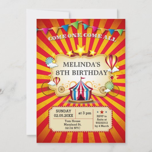 Carnaval enfants cirque Invitations fête d'anniver (Devant)