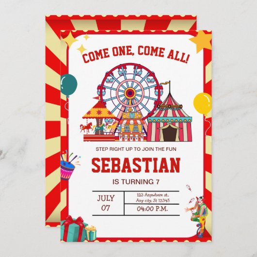 Carnaval Invitation d'anniversaire, Cirque Anniver (Devant / Derrière)