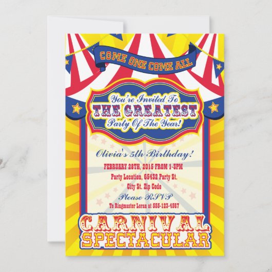 Carnaval Spectaculaire Invitations d'anniversaire (Devant)