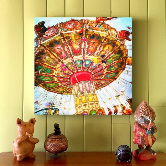 Carnaval swing ride foto retro blauwe lucht canvas afdruk