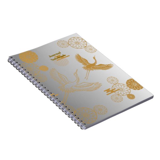 CARNET 縁起の良い金色の日本の鶴模様《白×シルバー》ジャーナル (Côté Droit)