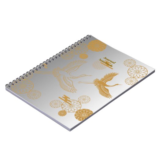 CARNET 縁起の良い金色の日本の鶴模様《白×シルバー》ジャーナル (Côté gauche)