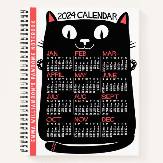 Carnet 2024 Année Calendrier mensuel Chat noir du milieu  (Devant)