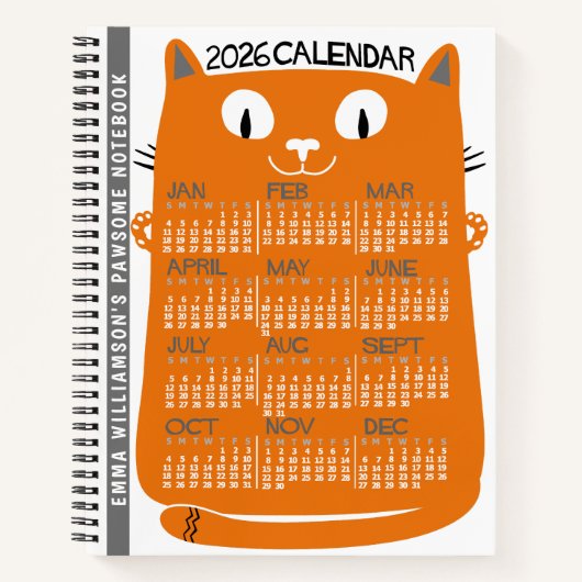 Carnet 2026 Year Monthly Calendar Mid-Century Orange Cat (Devant)
