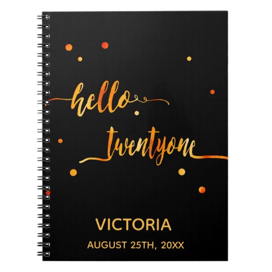 Carnet 21e anniversaire noir or hello 21 nom script (Devant)