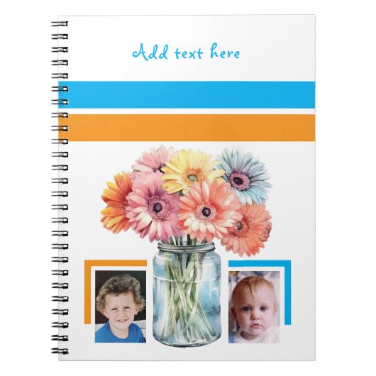Carnet 2 photo custom text flowers blue orange (Devant)