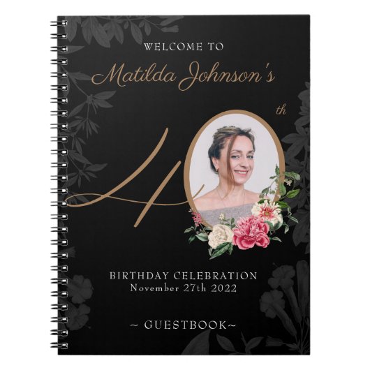 Carnet 40e anniversaire Black Gold Guestbook Floral Photo (Devant)