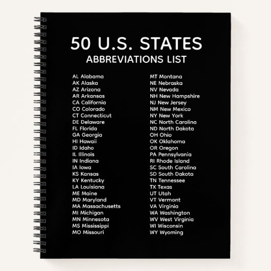 Carnet 50 U.S. States Abbreviations List – Black Notebook (Devant)