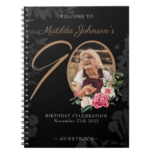 Carnet 90e anniversaire Guestbook Black Gold Floral Photo (Devant)