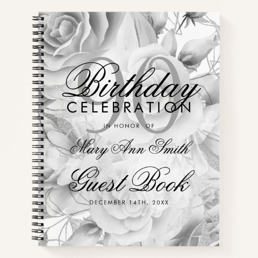 Carnet 90e anniversaire Guestbook Party Floral Silver Whi (Devant)