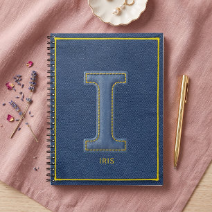 Carnet 90s Bleu Denim Jaune Broderie Monogramme Initiale