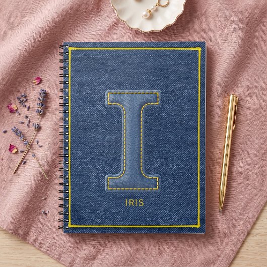 Carnet 90s Bleu Denim Jaune Broderie Monogramme Initiale