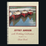 Carnet 90th Birthday Party Guest Book, Red Canoes<br><div class="desc">Although default says "90th Birthday", this spiral notebook Guest Book can easily be changed for ANY AGE, ANY OCCASION! This Guest Book is decorated with my original photograph of three red canoes and their reflection in a lake. Easy to customize, just change or delete example text. Original photograph by Marcia...</div>
