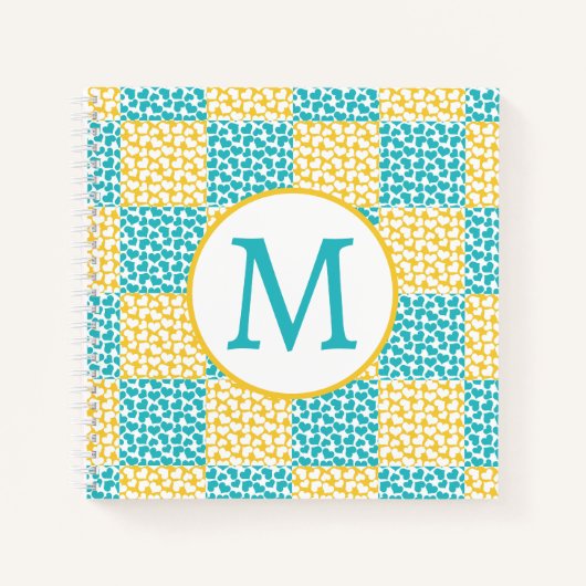 Carnet à damiers Amour en Turquoise, Jaune et Blanc (Devant)