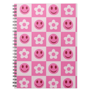 Carnet à damiers fleurs et visages heureux rose