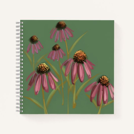 Carnet à fleurs d'échinacée - Vert bouilli et rose (Devant)