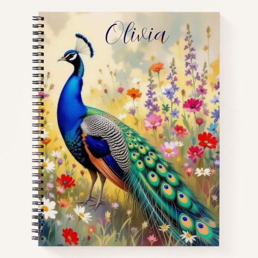 Carnet A Green and Blue Peacock in Flowers Personalized (Devant)
