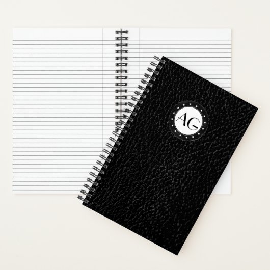Carnet à spirale en cuir noir à monogramme moderne (À l'intérieur)