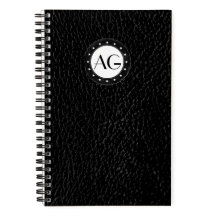Carnet à spirale en cuir noir à monogramme moderne