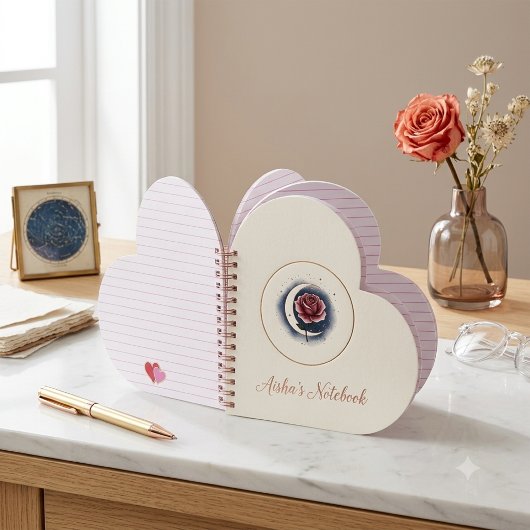 Carnet à spirale en forme de cœur avec rose célest