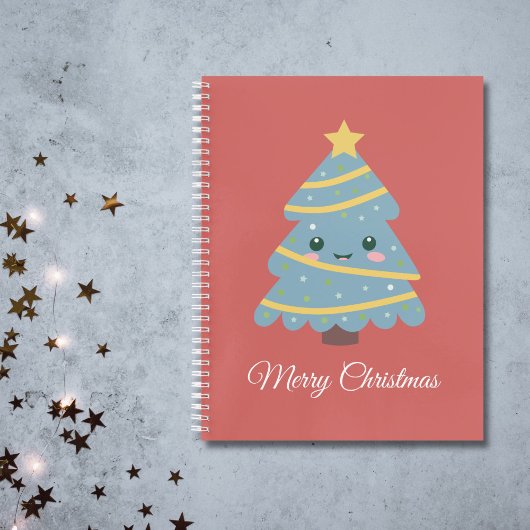 Carnet à spirale rouge avec arbre de Noël Kawaii
