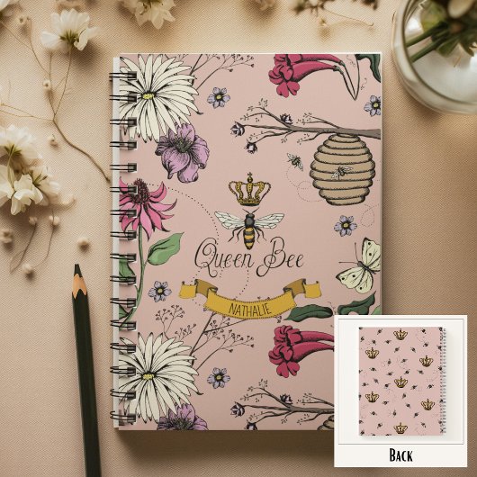 Carnet Abeille rose, noire et or reine et couronne