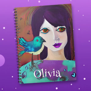 Carnet Abstraite fille et oiseau pourpre et Turquoise Per