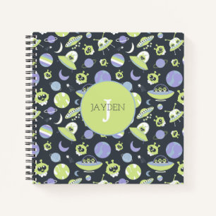 Carnet Adorable Green Aliens Space Ships UFO Kids