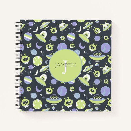 Carnet Adorable Green Aliens Space Ships UFO Kids (Devant)