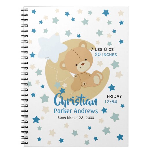 Carnet Adorable Teddy Bear Baby Boy Stats de naissance (Devant)