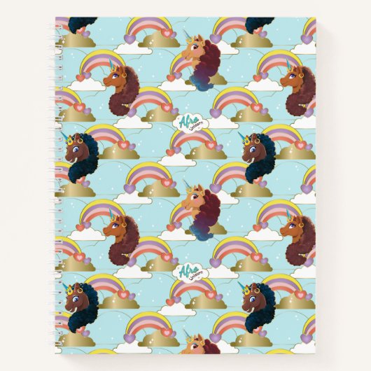 Carnet Afro Unicorn Arc en ciel et Motif des Coeurs (Devant)